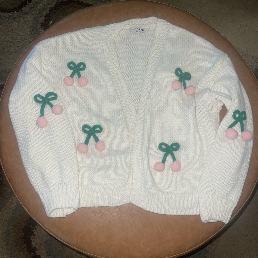 Women's White Sweater with Pink and Green Accents